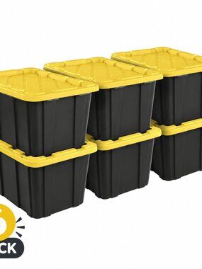 Sterilite 27 Gallon Storage Tote Bin Black Yellow Snap Lid 6 Pack Industrial